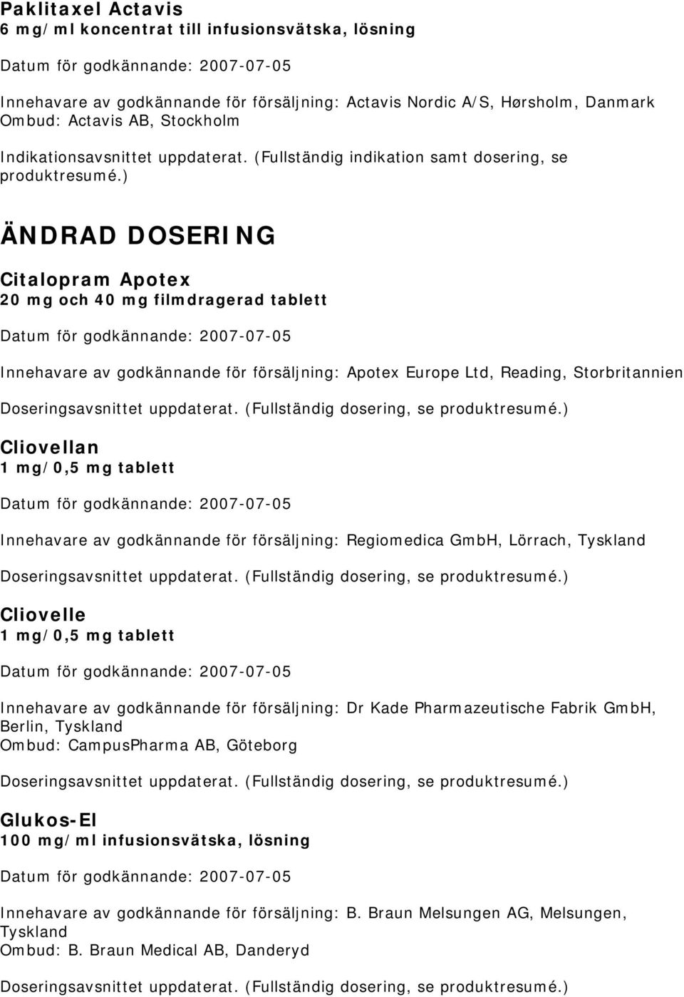 ) ÄNDRAD DOSERING Citalopram Apotex 20 mg och 40 mg filmdragerad tablett Innehavare av godkännande för försäljning: Apotex Europe Ltd, Reading, Storbritannien Cliovellan 1 mg/0,5 mg tablett