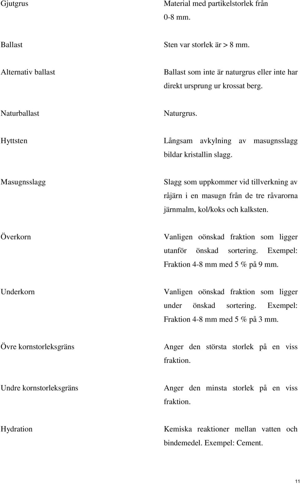 Masugnsslagg Slagg som uppkommer vid tillverkning av råjärn i en masugn från de tre råvarorna järnmalm, kol/koks och kalksten. Överkorn Vanligen oönskad fraktion som ligger utanför önskad sortering.