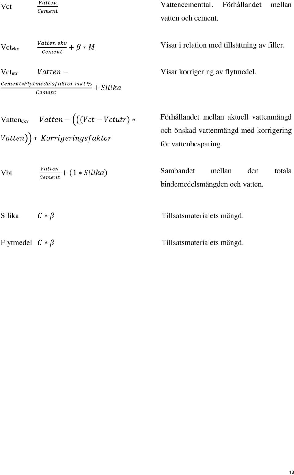 Cement Flytmedelsfaktor vikt % Cement + Silika Vattenekv Vatten (((Vct Vctutr) Vatten)) Korrigeringsfaktor Förhållandet mellan aktuell