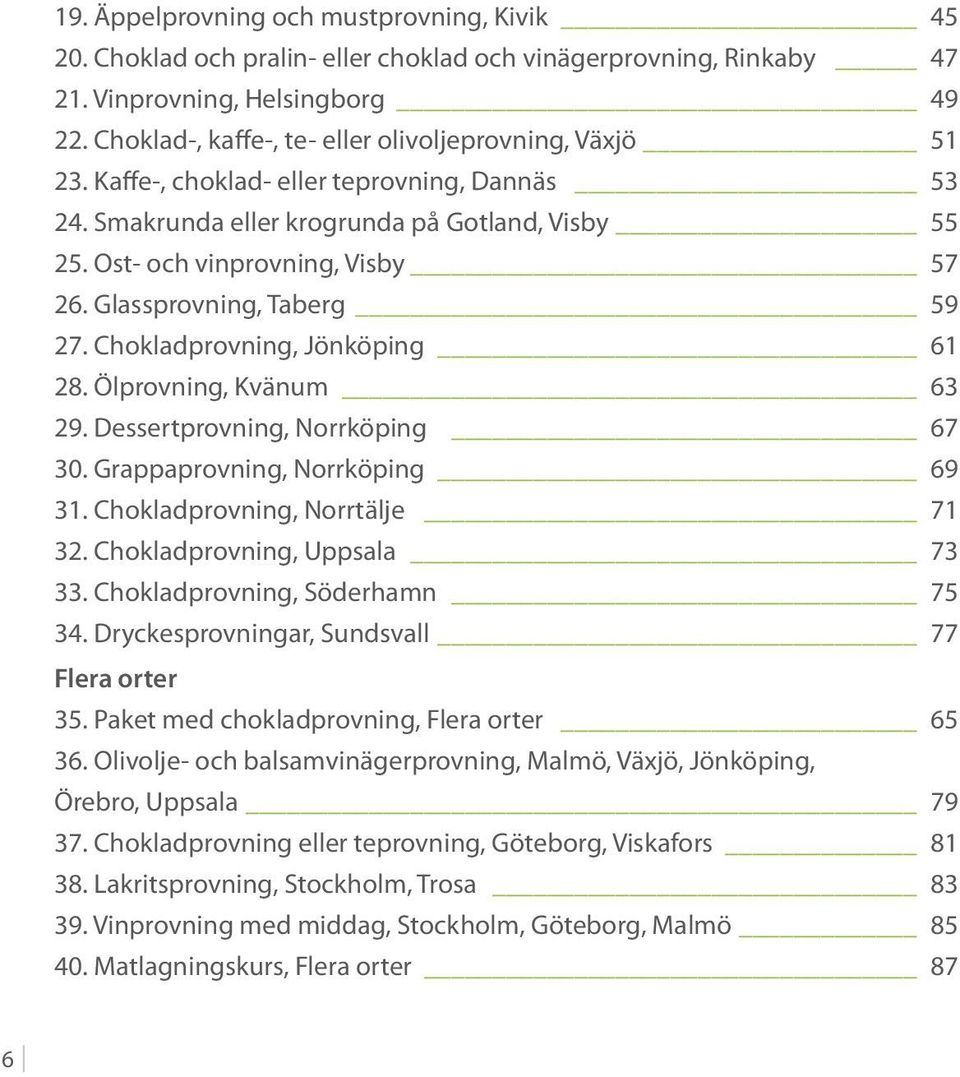 Glassprovning, Taberg 59 27. Chokladprovning, Jönköping 61 28. Ölprovning, Kvänum 63 29. Dessertprovning, Norrköping 67 30. Grappaprovning, Norrköping 69 31. Chokladprovning, Norrtälje 71 32.