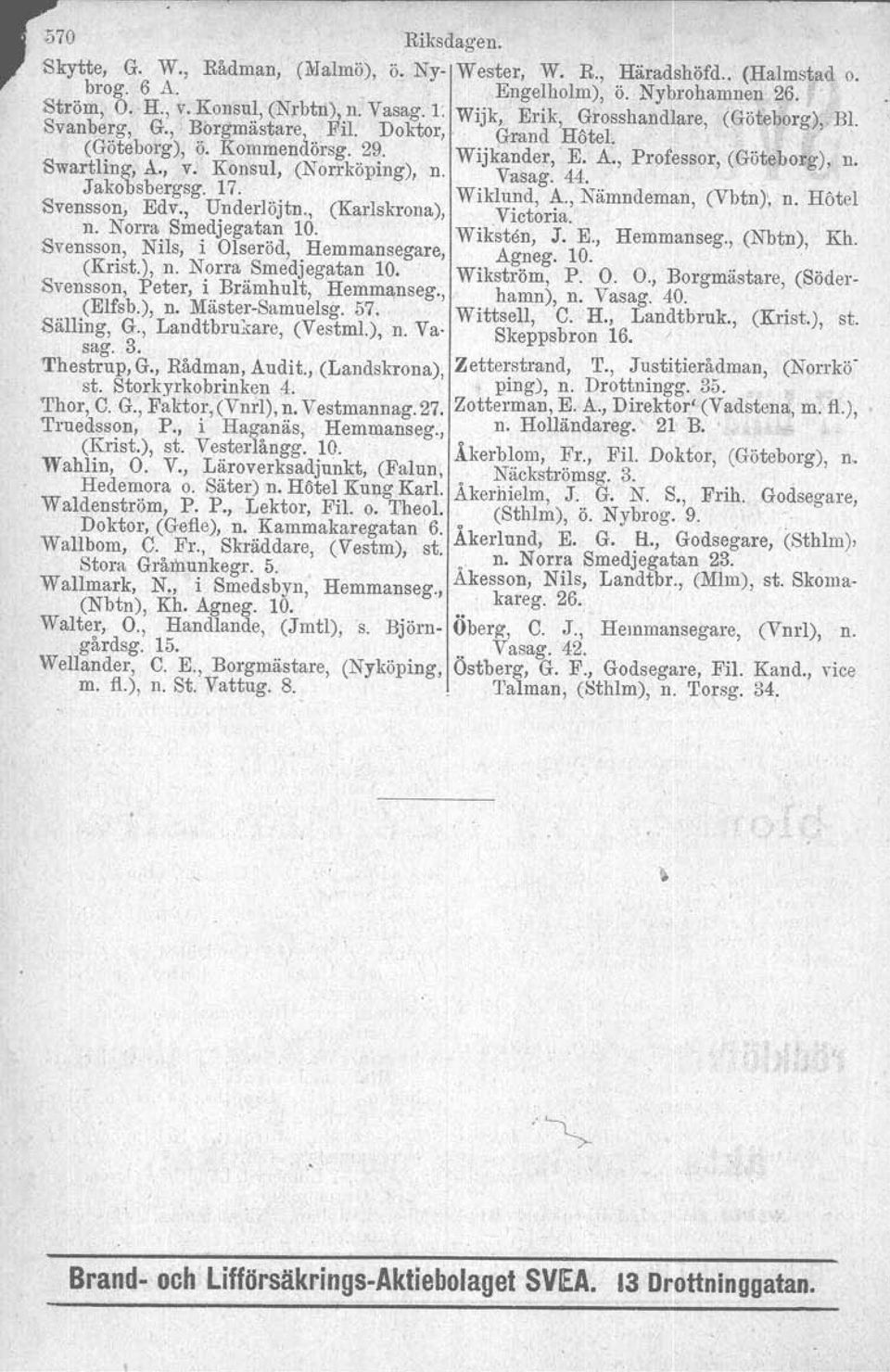 Konsul, (Norrköping), n. Vasag: 44.',, Jakobsbergsg. 17...' Wiklund, A., Nämndeman, (Vbtn), n. Hötel Svensson, Edv., Underlöjtn., (Karlskrona), Victoria. n. Norra Smedjegatan 10. Wiksten, J. E., Hemmanseg.