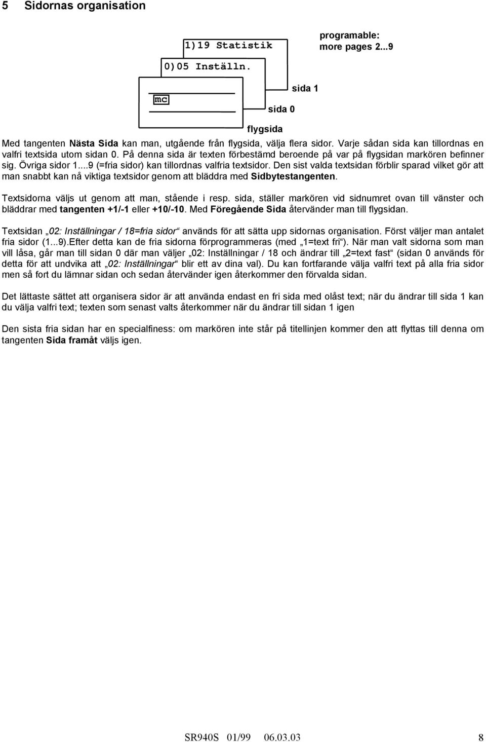 ..9 (=fria sidor) kan tillordnas valfria textsidor. Den sist valda textsidan förblir sparad vilket gör att man snabbt kan nå viktiga textsidor genom att bläddra med Sidbytestangenten.