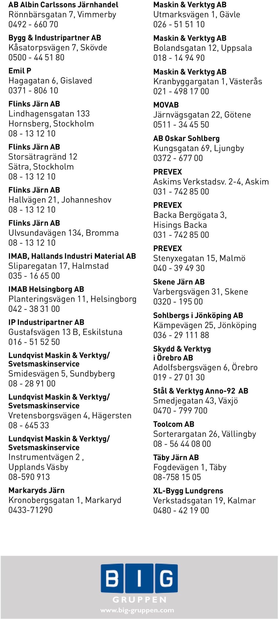 AB Planteringsvägen 11, Helsingborg 042-38 31 00 IP Industripartner AB Gustafsvägen 13 B, Eskilstuna 016-51 52 50 Lundqvist Maskin & Verktyg/ Svetsmaskinservice Smidesvägen 5, Sundbyberg 08-28 91 00