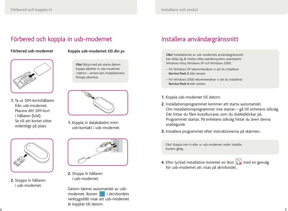 Installationen av usb-modemets användargränssnitt kan skilja sig åt mellan olika operativsystem, exempelvis Windows Vista, Windows XP och Windows 2000.