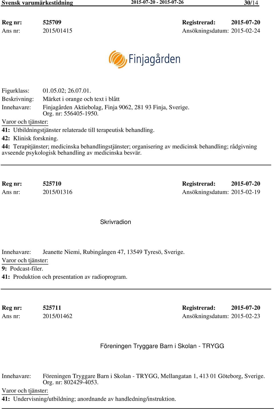 44: Terapitjänster; medicinska behandlingstjänster; organisering av medicinsk behandling; rådgivning avseende psykologisk behandling av medicinska besvär.