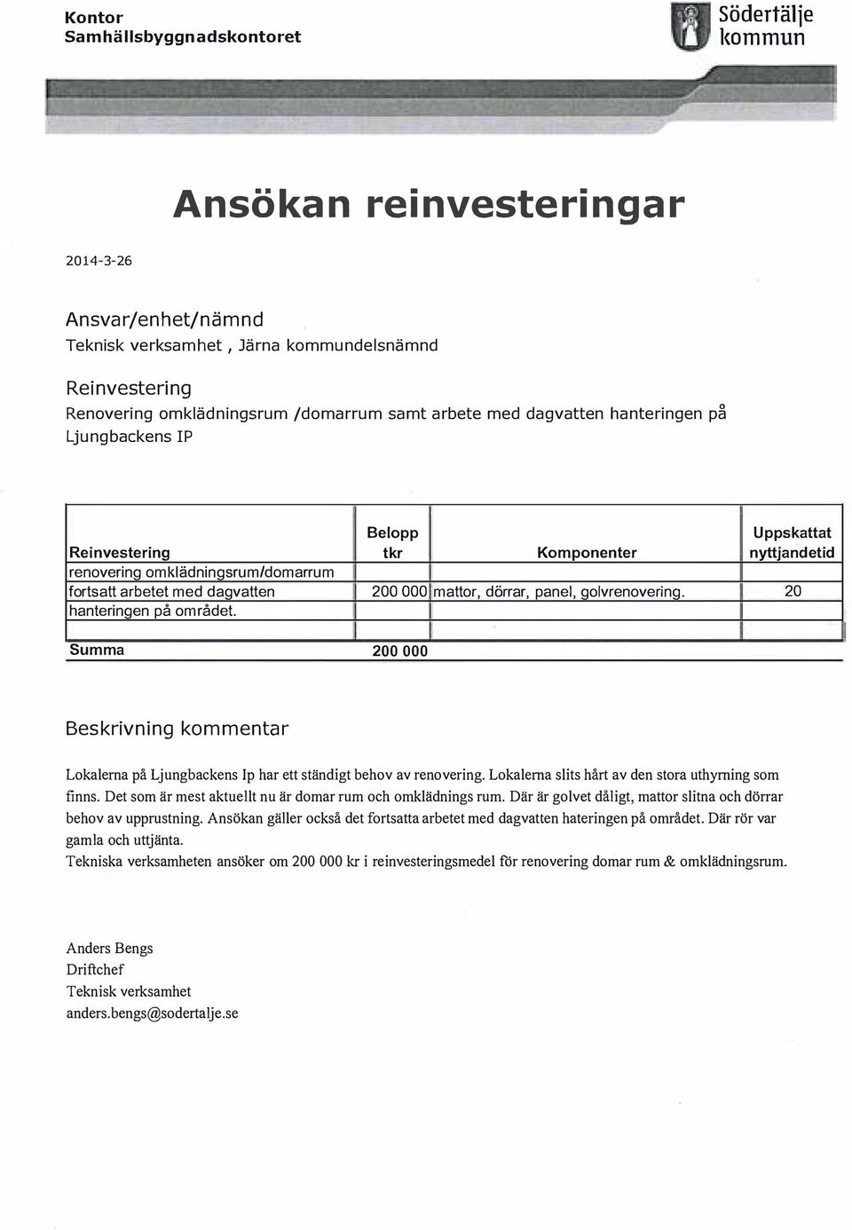 nyttjaridetid renovering omklädningsrum/domarrum fortsatt arbetet med dagvatten 200 000 mattor, dörrar, panel, golvrenovering. 20 hanteringen på om rådet.