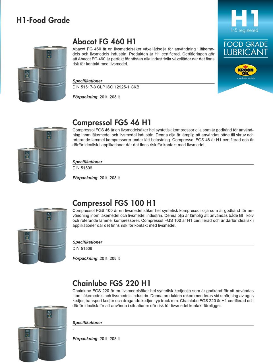 DIN 51517-3 CLP ISO 12925-1 CKB Förpackning: 20 lt, 208 lt Compressol FGS 46 H1 Compressol FGS 46 är en livsmedelsäker hel syntetisk kompressor olja som är godkänd för användning inom läkemedel och