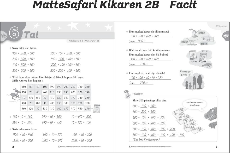 + + kr Hur mycket ska alla fyra betala? Trixi letar efter boken. Hon börjar på och hoppar i taget. Måla rutorna hon hoppar i.