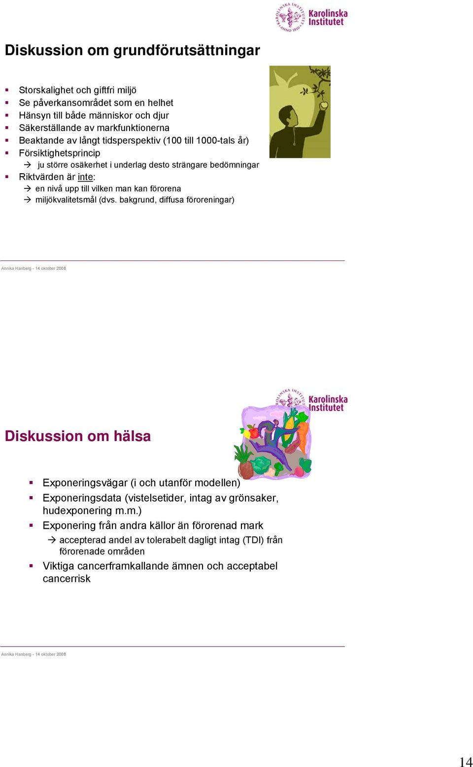 miljökvalitetsmål (dvs. bakgrund, diffusa föroreningar) Diskussion om hälsa Exponeringsvägar (i och utanför modellen) Exponeringsdata (vistelsetider, intag av grönsaker, hudexponering m.