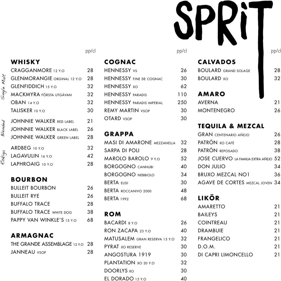 O 28 Bourbon Bulleit Bourbon 26 Bulleit Rye 26 Buffalo Trace 28 Buffalo Trace White Dog 38 Pappy Van Winkle s 15 Y.O 68 armagnac The Grande Assemblage 12 Y.