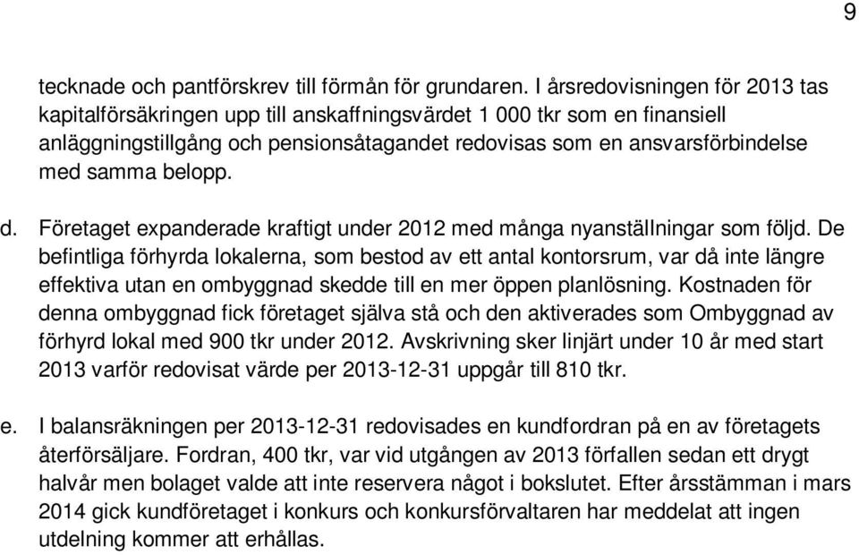 belopp. d. Företaget expanderade kraftigt under 2012 med många nyanställningar som följd.