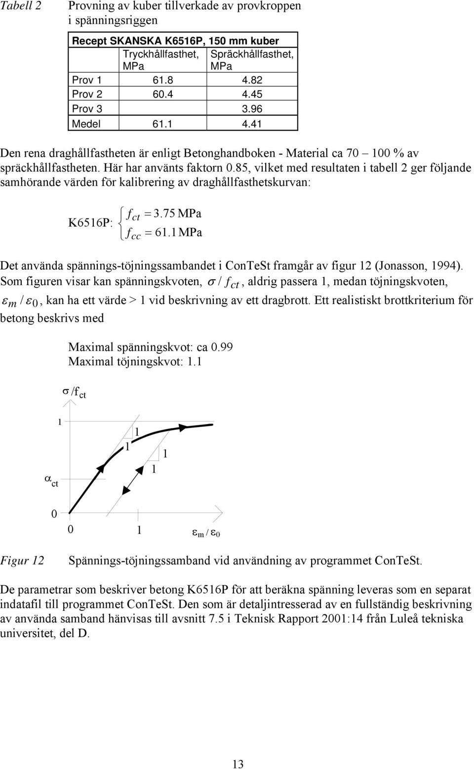 85, vilket med resultaten i tabell 2 ger följande samhörande värden för kalibrering av draghållfasthetskurvan: fct = 3.75 MPa K656P: fcc = 6.