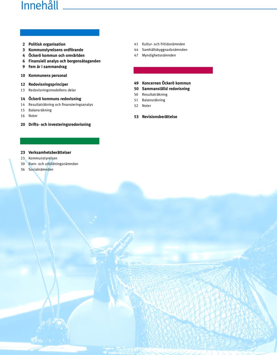 kommuns redovisning 14 Resultaträkning och finansieringsanalys 15 Balansräkning 16 Noter 49 Koncernen Öckerö kommun 50 Sammanställd redovisning 50Resultaträkning 51