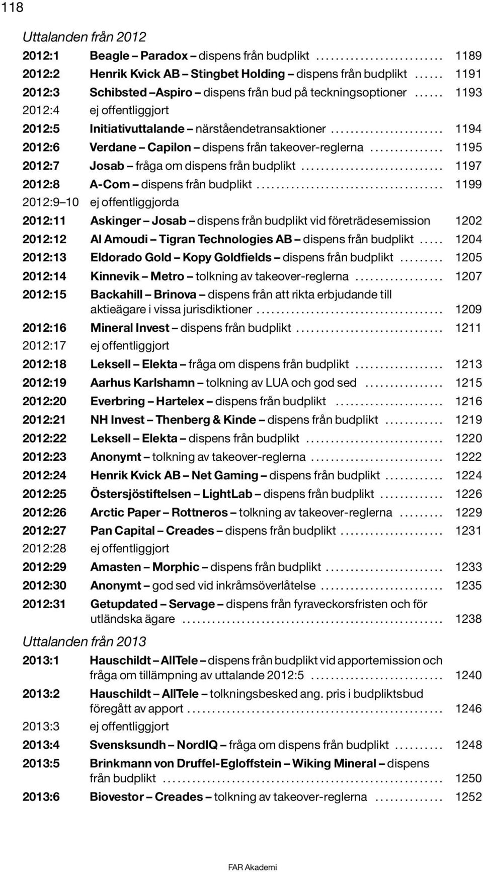 ...................... 1194 2012:6 Verdane Capilon dispens från takeover-reglerna............... 1195 2012:7 Josab fråga om dispens från budplikt............................. 1197 2012:8 A-Com dispens från budplikt.