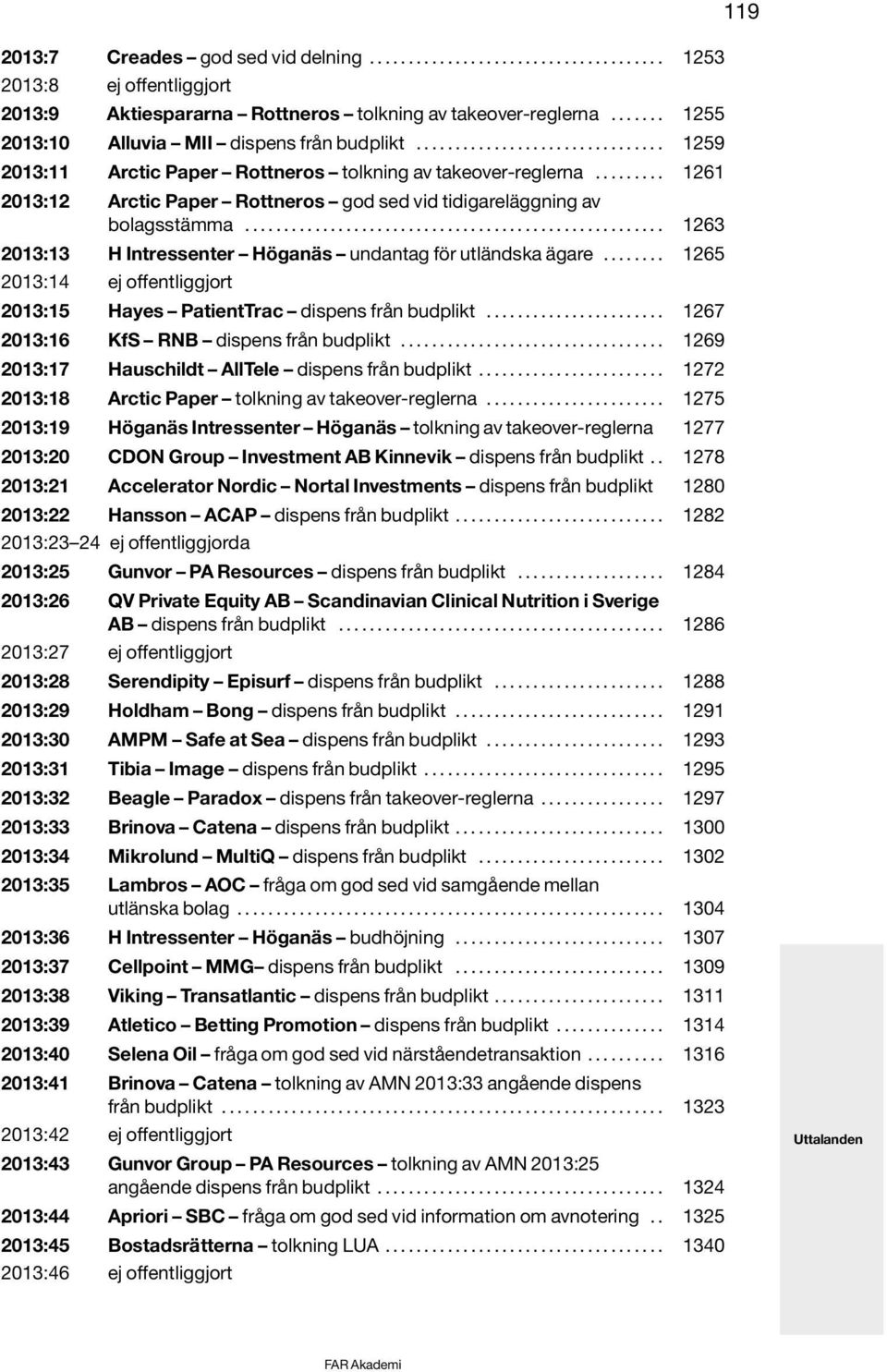 ........ 1261 2013:12 Arctic Paper Rottneros god sed vid tidigareläggning av bolagsstämma...................................................... 1263 2013:13 H Intressenter Höganäs undantag för utländska ägare.