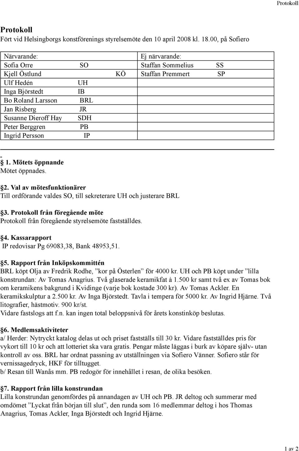 Hay SDH Peter Berggren PB Ingrid Persson IP 1. Mötets öppnande Mötet öppnades. 2. Val av mötesfunktionärer Till ordförande valdes SO, till sekreterare UH och justerare BRL 3.