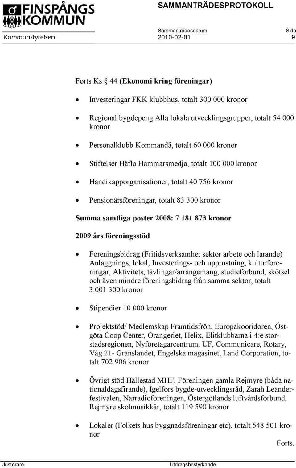 873 kronor 2009 års föreningsstöd Föreningsbidrag (Fritidsverksamhet sektor arbete och lärande) Anläggnings, lokal, Investerings- och upprustning, kulturföreningar, Aktivitets, tävlingar/arrangemang,