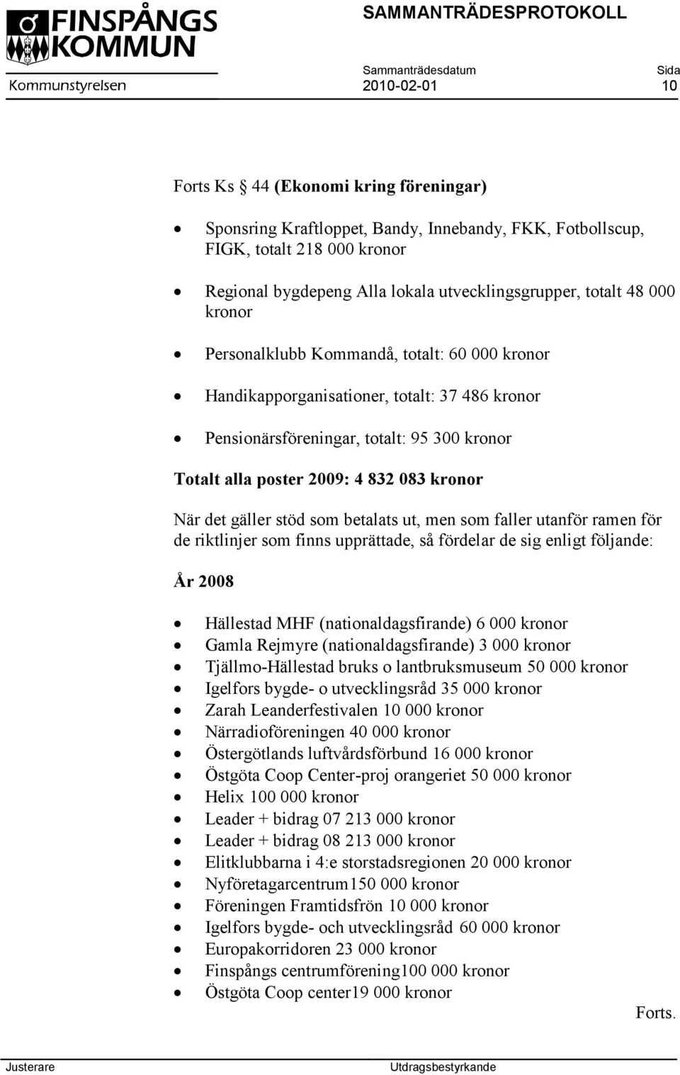 det gäller stöd som betalats ut, men som faller utanför ramen för de riktlinjer som finns upprättade, så fördelar de sig enligt följande: År 2008 Hällestad MHF (nationaldagsfirande) 6 000 kronor