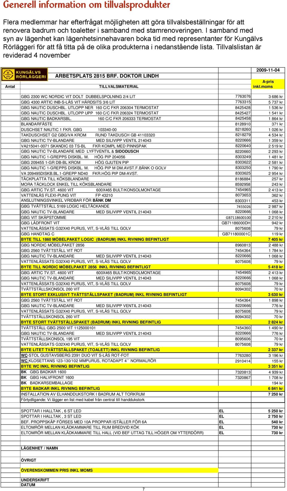 Tillvalslistan är reviderad 4 november 2009-11-04 ARBETSPLATS 2815 BRF. DOKTOR LINDH A-pris Antal TILLVALSMATERIAL inkl.