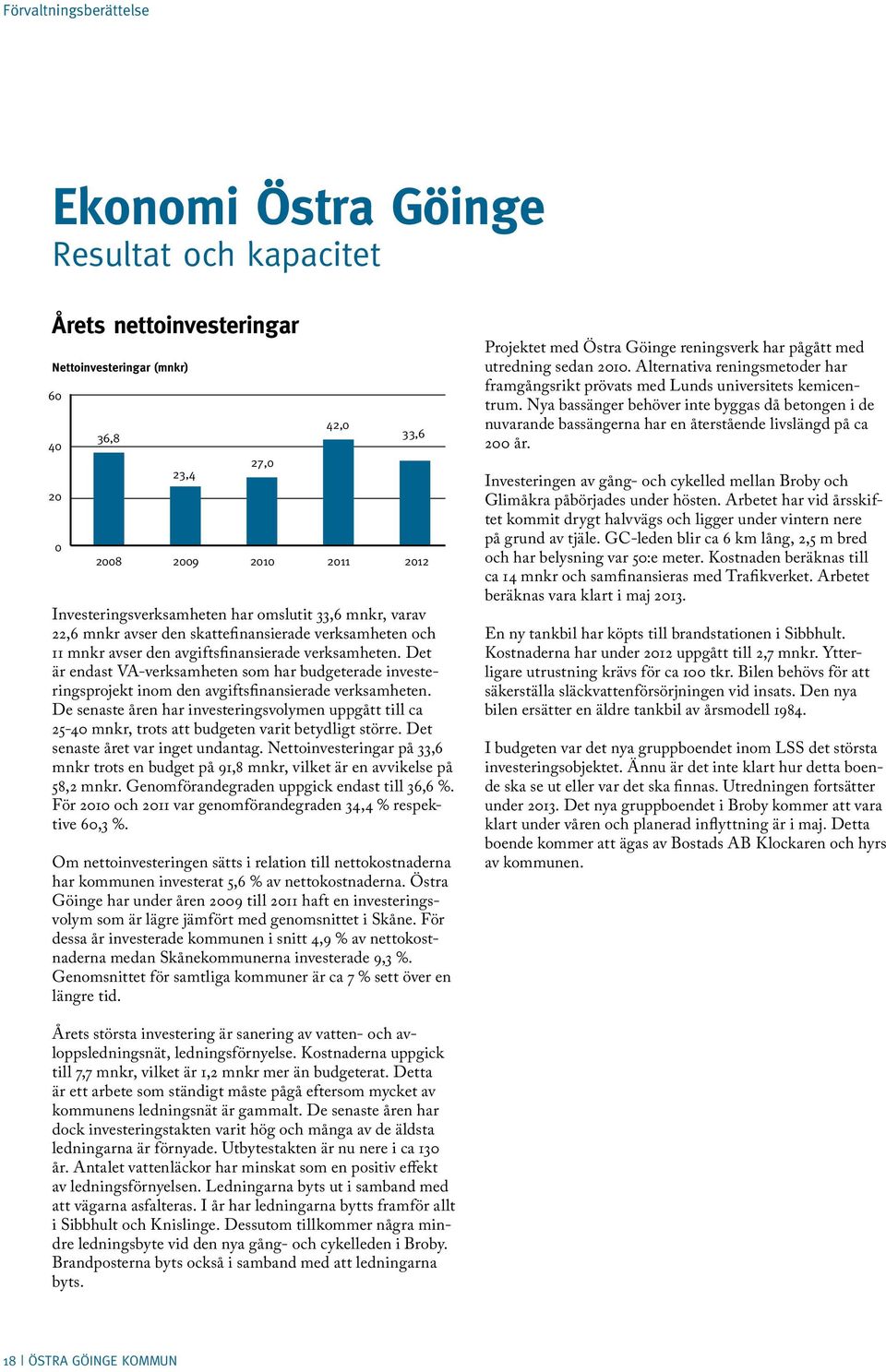 Det är endast VA-verksamheten som har budgeterade investeringsprojekt inom den avgiftsfinansierade verksamheten.