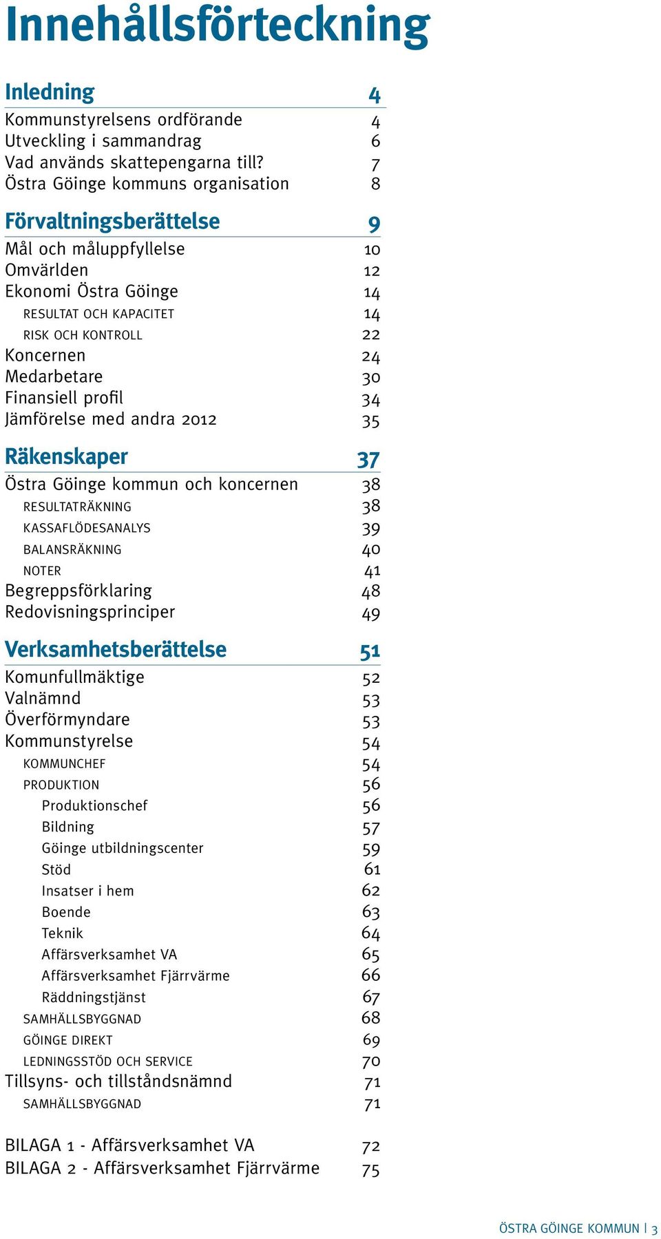 30 Finansiell profil 34 Jämförelse med andra 2012 35 Räkenskaper 37 Östra Göinge kommun och koncernen 38 Resultaträkning 38 Kassaflödesanalys 39 Balansräkning 40 Noter 41 Begreppsförklaring 48