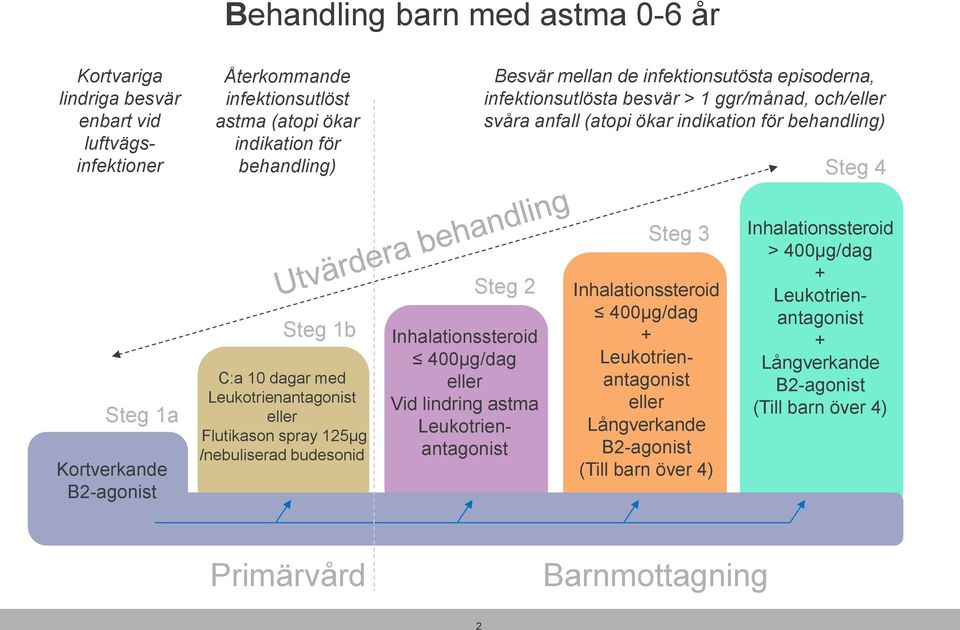 med Leukotrienantagonist eller Flutikason spray 125µg /nebuliserad budesonid Steg 2 Inhalationssteroid 400µg/dag eller Vid lindring astma Leukotrienantagonist Steg 3 Inhalationssteroid