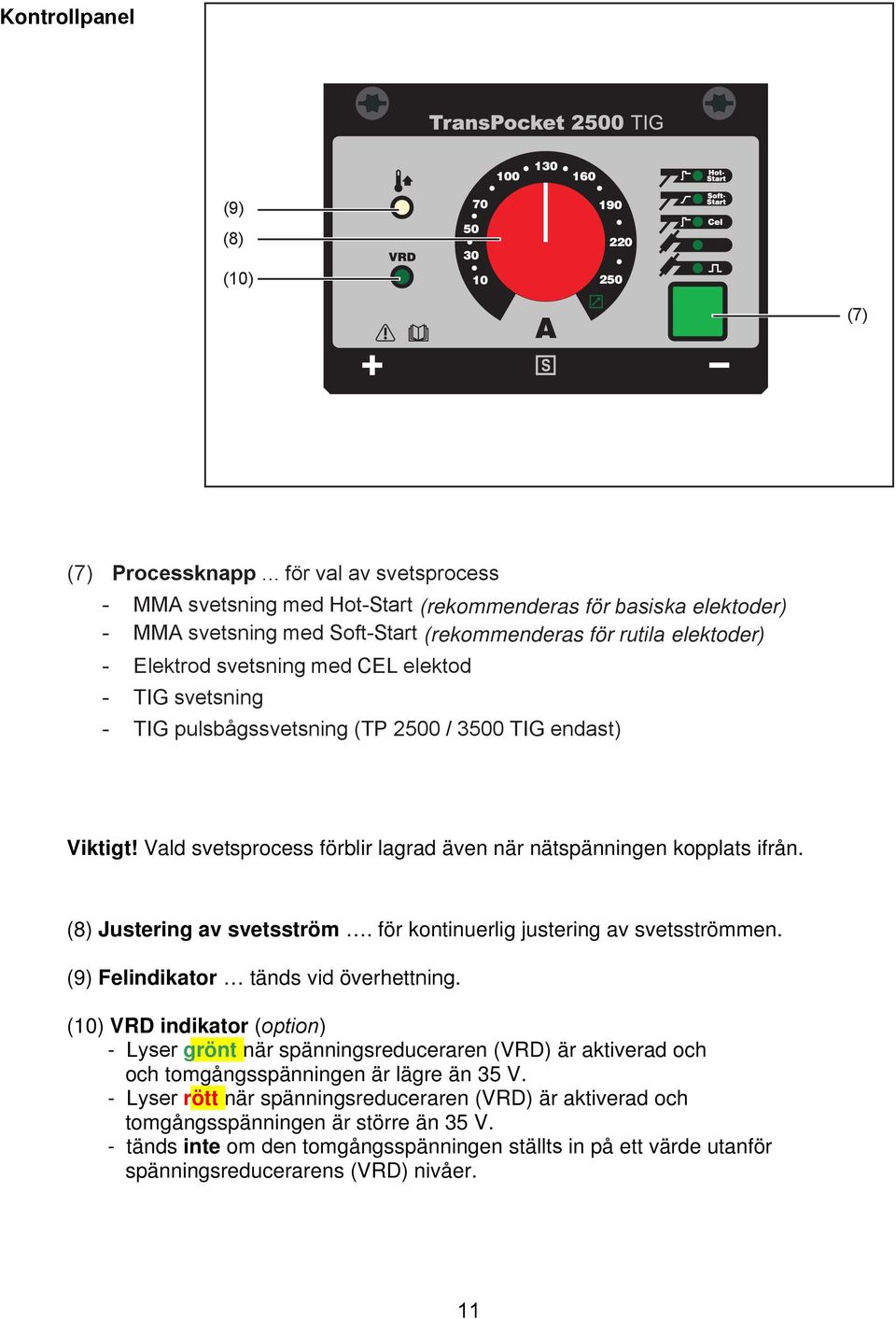 - TIG svetsning - TIG pulsbågssvetsning (TP 2500 / 3500 TIG endast) Viktigt! Vald svetsprocess förblir lagrad även när nätspänningen kopplats ifrån. (8) Justering av svetsström.