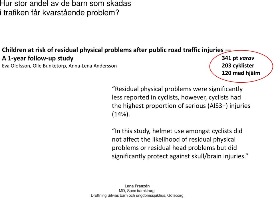 Anna Lena Andersson 203 cyklister 120 med hjälm Residual physical problems were significantly less reported in cyclists, however, cyclists had the