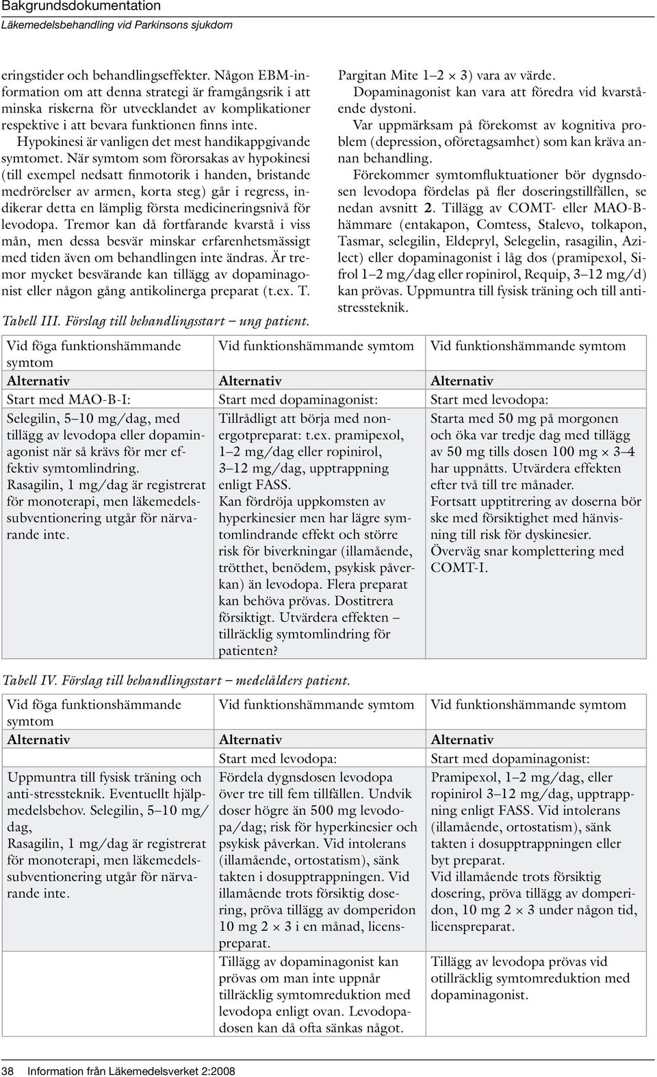 När symtom som förorsakas av hypokinesi (till exempel nedsatt finmotorik i handen, bristande medrörelser av armen, korta steg) går i regress, indikerar detta en lämplig första medicineringsnivå för