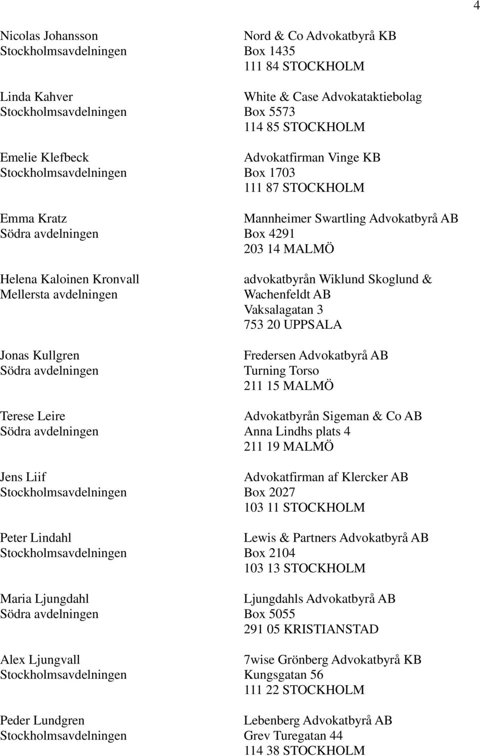 advokatbyrån Wiklund Skoglund & Wachenfeldt AB Vaksalagatan 3 753 20 UPPSALA Fredersen Advokatbyrå AB Turning Torso 211 15 MALMÖ Advokatbyrån Sigeman & Co AB Anna Lindhs plats 4 211 19 MALMÖ