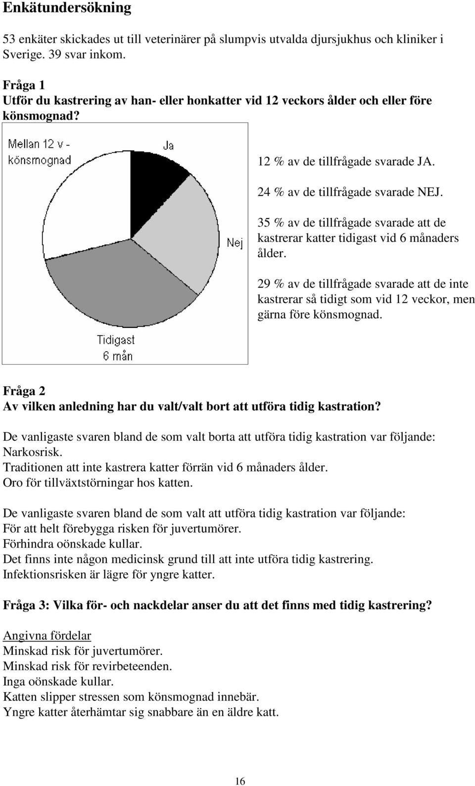 35 % av de tillfrågade svarade att de kastrerar katter tidigast vid 6 månaders ålder. 29 % av de tillfrågade svarade att de inte kastrerar så tidigt som vid 12 veckor, men gärna före könsmognad.