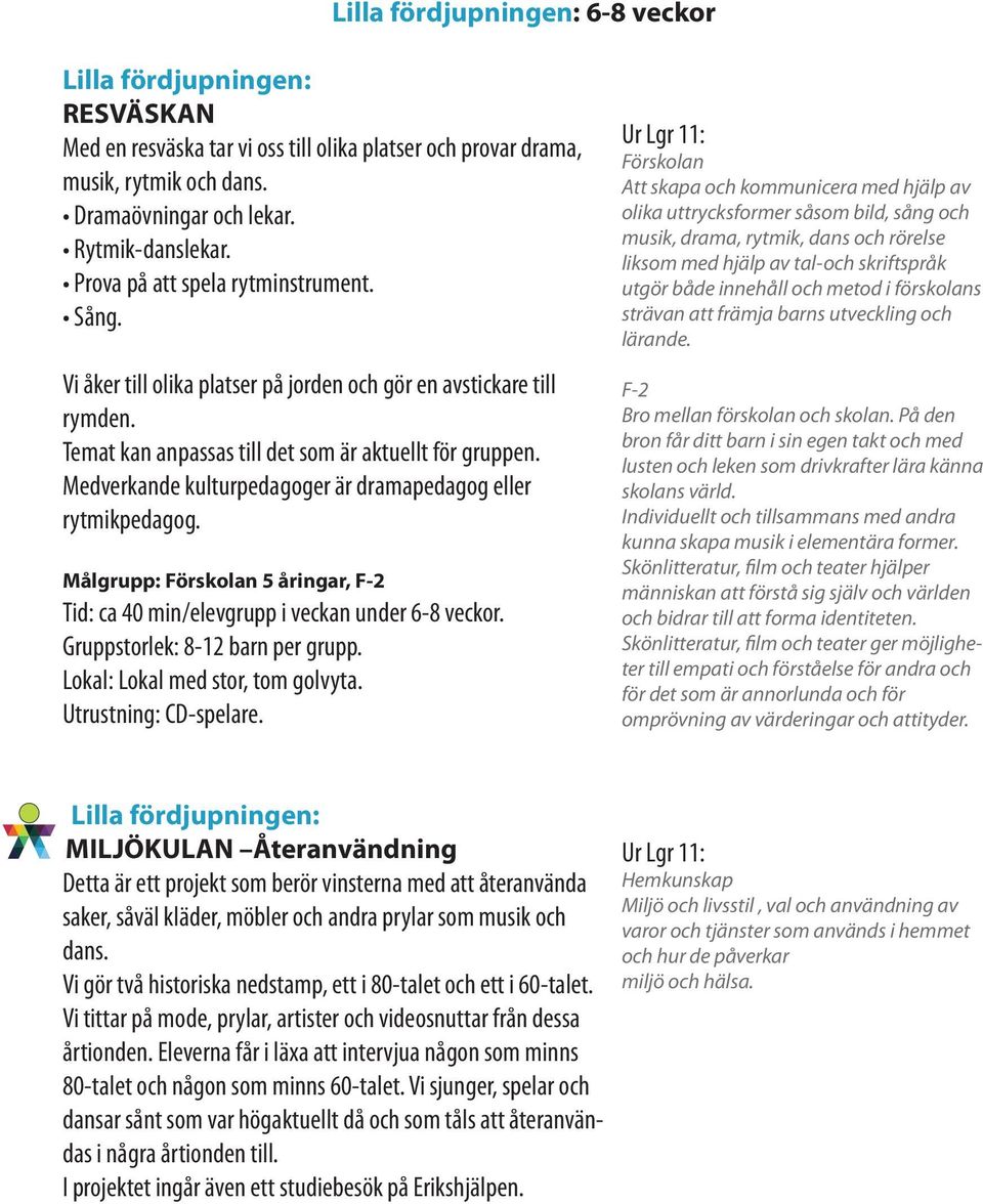 Medverkande kulturpedagoger är dramapedagog eller rytmikpedagog. Målgrupp: Förskolan 5 åringar, F-2 Tid: ca 40 min/elevgrupp i veckan under 6-8 veckor. Gruppstorlek: 8-12 barn per grupp.