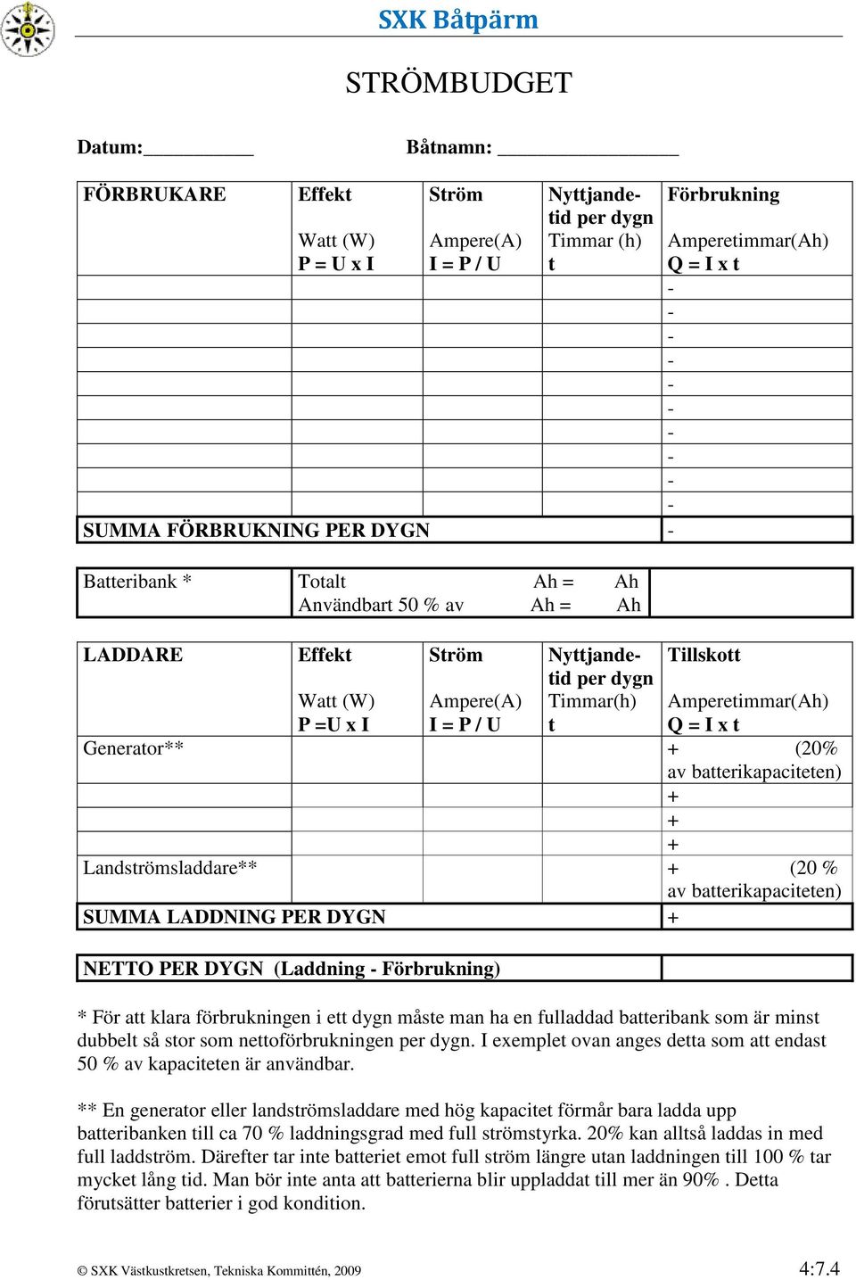 av batterikapaciteten) + + + Landströmsladdare** + (20 % av batterikapaciteten) SUMMA LADDNING PER DYGN + NETTO PER DYGN (Laddning Förbrukning) * För att klara förbrukningen i ett dygn måste man ha