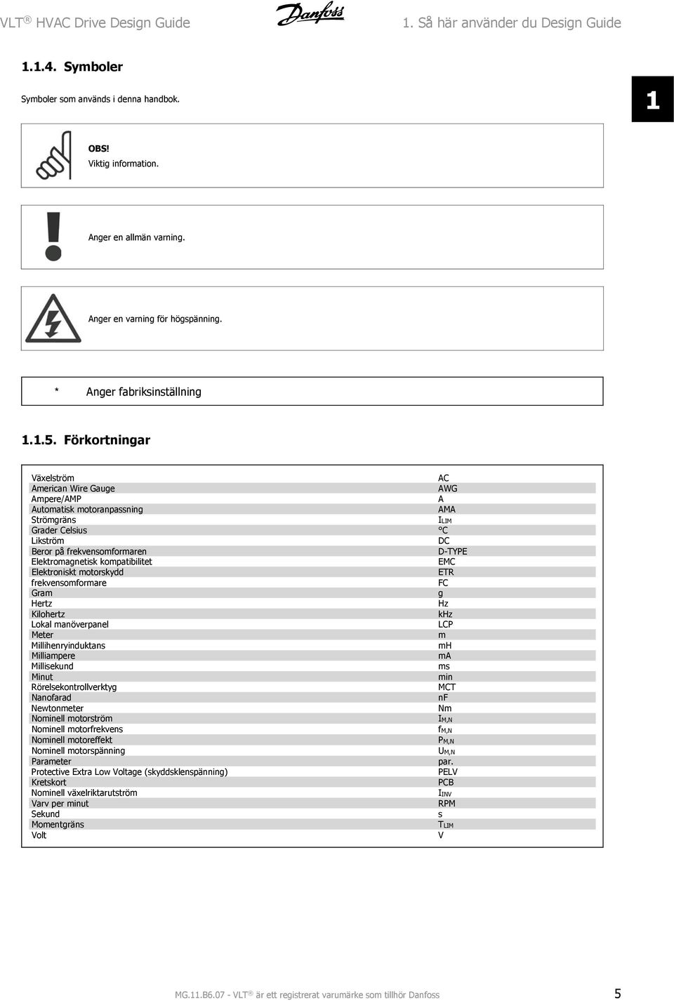 Förkortningar Växelström AC American Wire Gauge AWG Ampere/AMP A Automatisk motoranpassning AMA Strömgräns ILIM Grader Celsius C Likström DC Beror på frekvensomformaren D-TYPE Elektromagnetisk