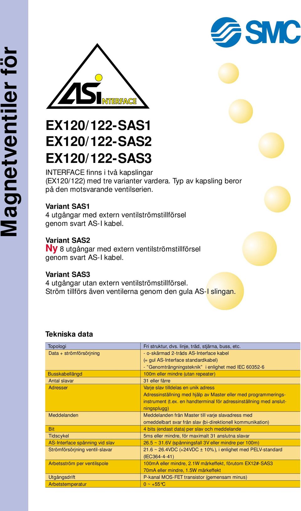 Variant SAS3 4 utgångar utan extern ventilströmstillförsel. Ström tillförs även ventilerna genom den gula AS-I slingan.