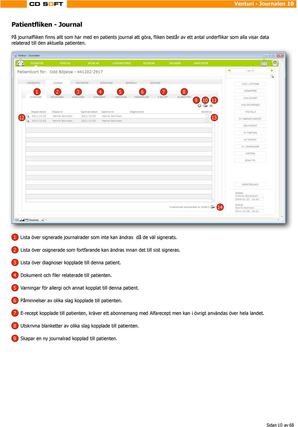 Lista över osignerade som fortfarande kan ändras innan det till sist signeras. Lista över diagnoser kopplade till denna patient. Dokument och filer relaterade till patienten.