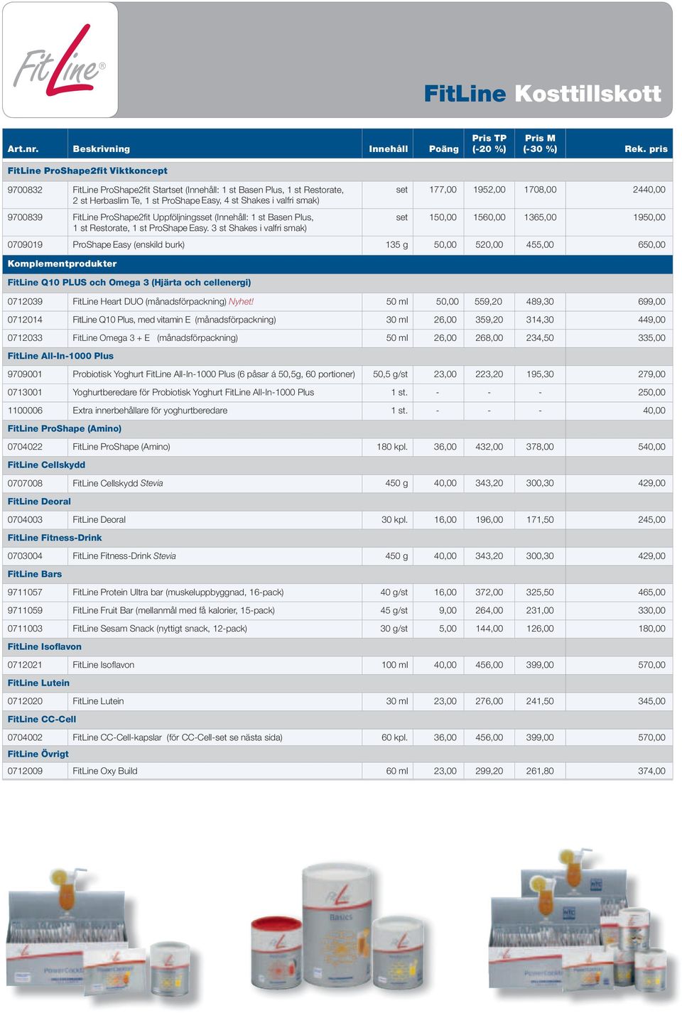 3 st Shakes i valfri smak) set 177,00 1952,00 1708,00 2440,00 set 150,00 1560,00 1365,00 1950,00 0709019 ProShape Easy (enskild burk) 135 g 50,00 520,00 455,00 650,00 Komplementprodukter FitLine Q10