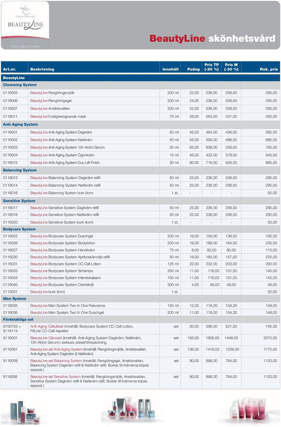 ml 45,00 464,00 406,00 580,00 0116002 BeautyLine Anti-Aging System Nattkräm 50 ml 55,00 556,00 486,50 695,00 0116003 BeautyLine Anti-Aging System 12h-Aktivt Serum 30 ml 65,00 636,00 556,50 795,00
