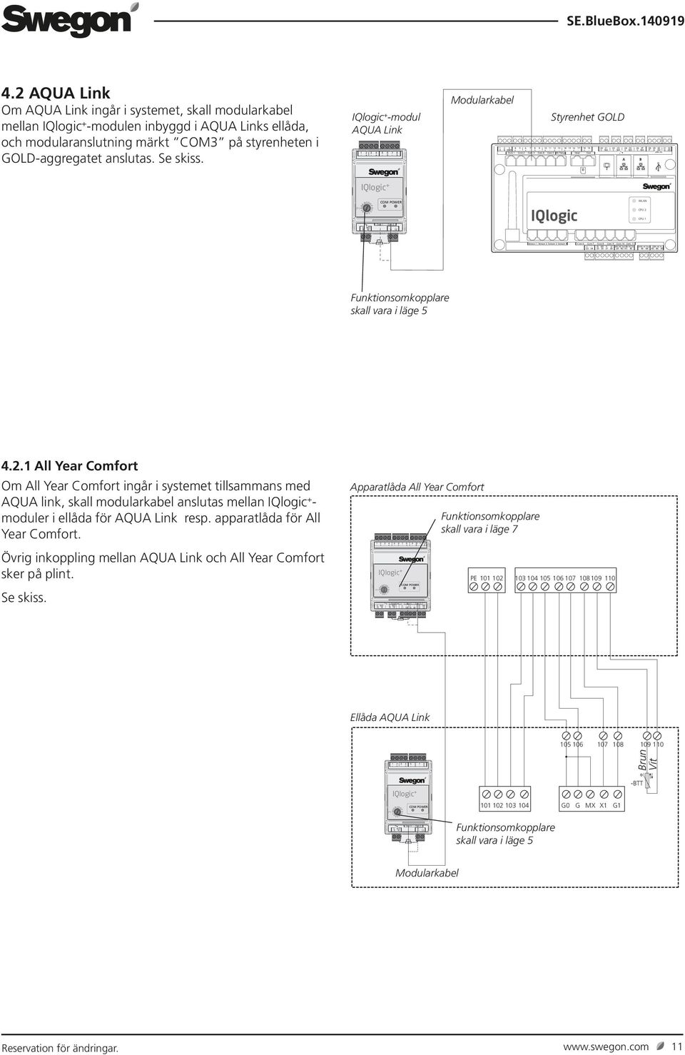 IQlogic + -modul AQUA Link 1 2 3 4 5 6 7 8 - + - + - S - S IQlogic + Modularkabel 1 A 2 B 3 GND + 4 Com 1 5 6 7 8 9 10 11 12 13 - + - + - + - + - Com 2 Com 3 Com 4 Com 5 Styrenhet SA Temp 14 15 16 17