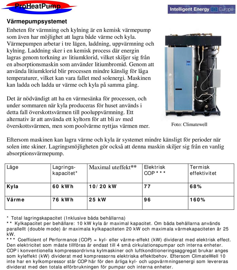 Genom att använda litiumklorid blir processen mindre känslig för låga temperaturer, vilket kan vara fallet med solenergi. Maskinen kan ladda och ladda ur värme och kyla på samma gång.