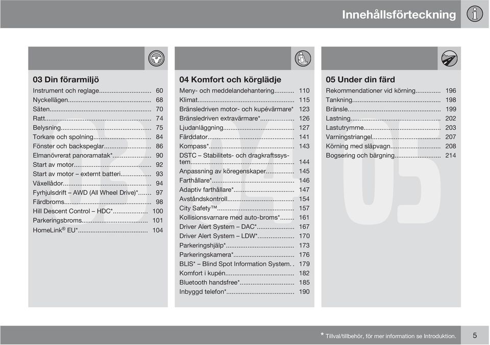 .. 86 Kompass*... 143 Elmanövrerat panoramatak*... 90 DSTC Stabilitets- och dragkraftssystem... 144 Start av motor... 92 Start av motor externt batteri... 93 Anpassning av köregenskaper.