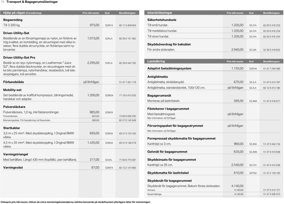 Pris Kod inkl moms Beställningsnr.Beställningsnr. KodInteriörlösningar Bogserstång Säkerhetshundsele Till 3 0 kg. 000.975,00 SZM1A 82 0 409 954 Till små hundar. 001.