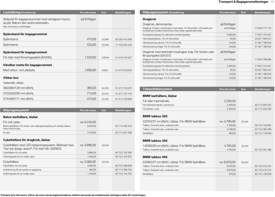 Pris Kod (Fortsättning) inkl moms KodBeställningsnr.Beställningsnr. Pris inkl moms KodSläpvagnssystem Pris inkl Kodmoms Beställningsnr. Pris Pris inkl inkl (Fortsättning) Kod moms moms Beställningsnr.