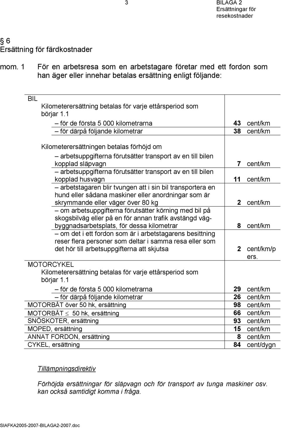 1 för de första 5 000 kilometrarna 43 cent/km för därpå följande kilometrar 38 cent/km Kilometerersättningen betalas förhöjd om arbetsuppgifterna förutsätter transport av en till bilen kopplad