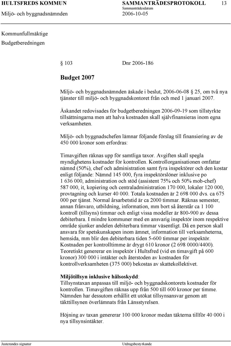 Miljö- och byggnadschefen lämnar följande förslag till finansiering av de 450 000 kronor som erfordras: Timavgiften räknas upp för samtliga taxor.