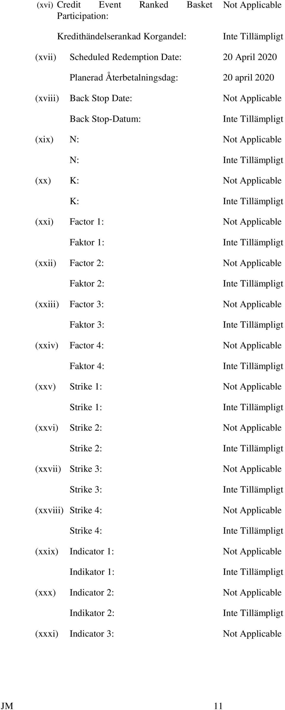 (xxiii) Factor 3: Not Applicable Faktor 3: (xxiv) Factor 4: Not Applicable Faktor 4: (xxv) Strike 1: Not Applicable Strike 1: (xxvi) Strike 2: Not Applicable Strike 2: (xxvii) Strike 3: