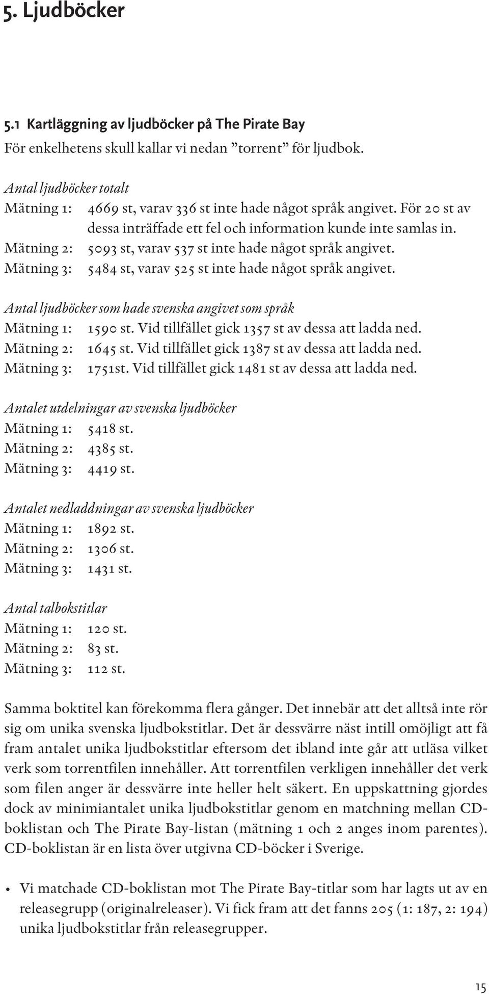 Mätning 2: 5093 st, varav 537 st inte hade något språk angivet. Mätning 3: 5484 st, varav 525 st inte hade något språk angivet. Antal ljudböcker som hade svenska angivet som språk Mätning 1: 1590 st.