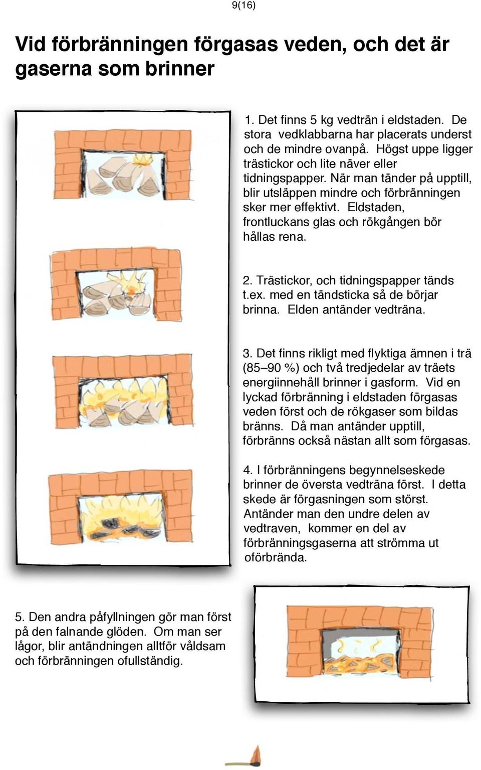 Eldstaden, frontluckans glas och rökgången bör hållas rena. 2. Trästickor, och tidningspapper tänds t.ex. med en tändsticka så de börjar brinna. Elden antänder vedträna. 3.