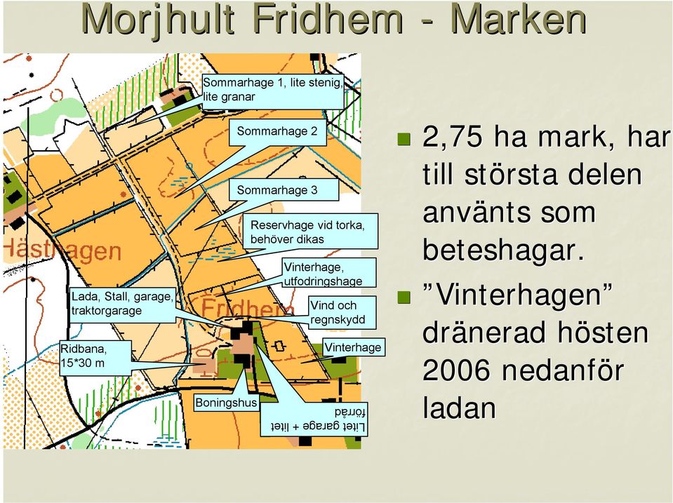 Vinterhage, utfodringshage Vind och regnskydd Vinterhage Litet garage + litet förråd 2,75 ha