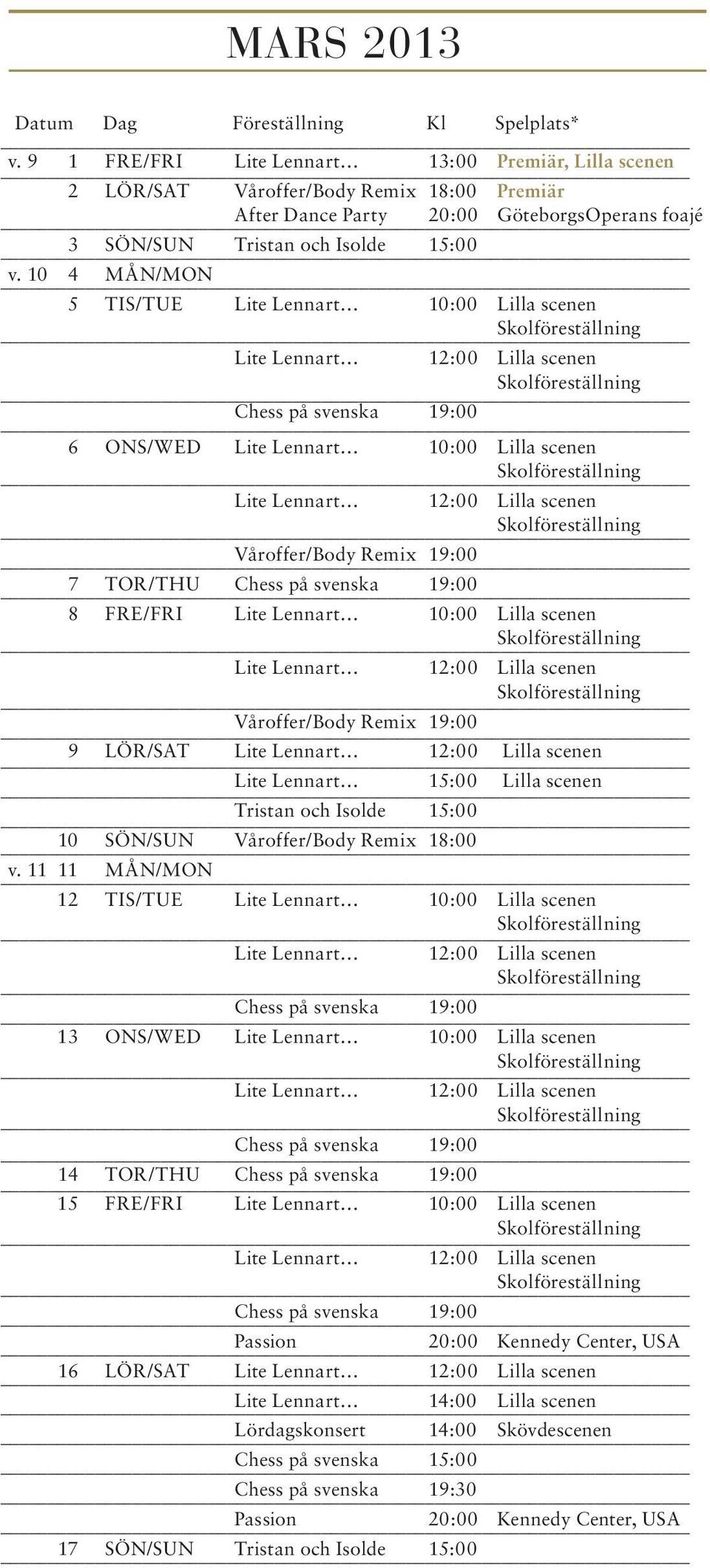 10 4 MÅN/MON 5 TIS/TUE Lite Lennart 10:00 Lilla scenen Lite Lennart 12:00 Lilla scenen Chess på svenska 19:00 6 ONS/WED Lite Lennart 10:00 Lilla scenen Lite Lennart 12:00 Lilla scenen Våroffer/Body